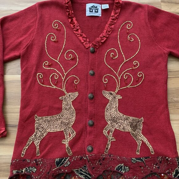 Storybook Knits Button Festive Holiday Reindeer Cardigan Sweater Small Vintage - Picture 3 of 11